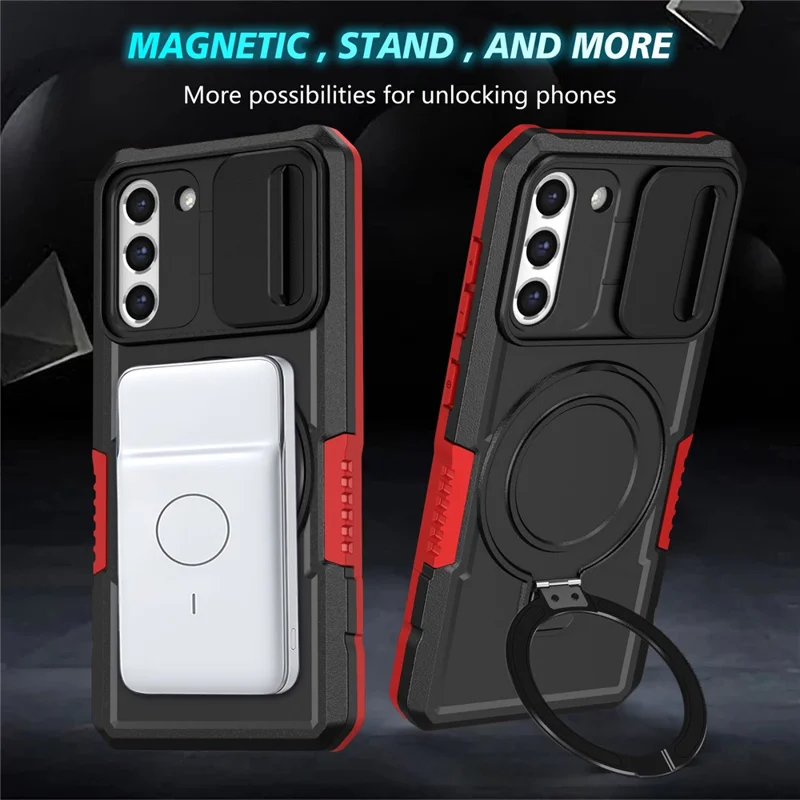 For Samsung Galaxy S21 FE 5G Case PC+TPU Magnetic Phone Shell with Slide Camera Cover - Red  /  Black