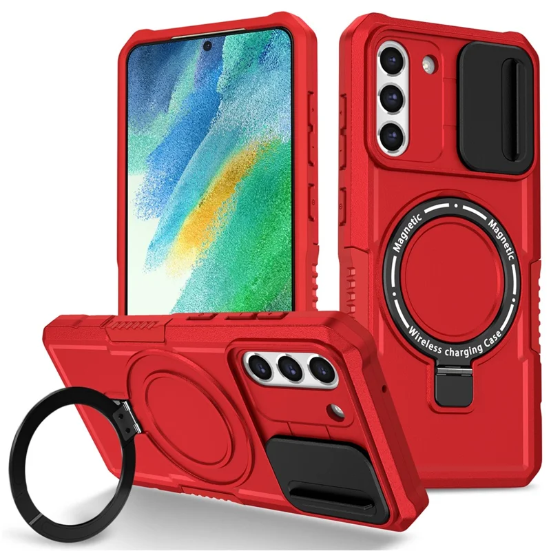 Per Samsung Galaxy S21 FE 5G Case PC+TPU Custodia Magnetica per Telefono con Copertura Scorrevole per la Fotocamera - Rosso