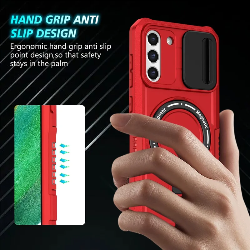 Per Samsung Galaxy S21 FE 5G Case PC+TPU Custodia Magnetica per Telefono con Copertura Scorrevole per la Fotocamera - Rosso