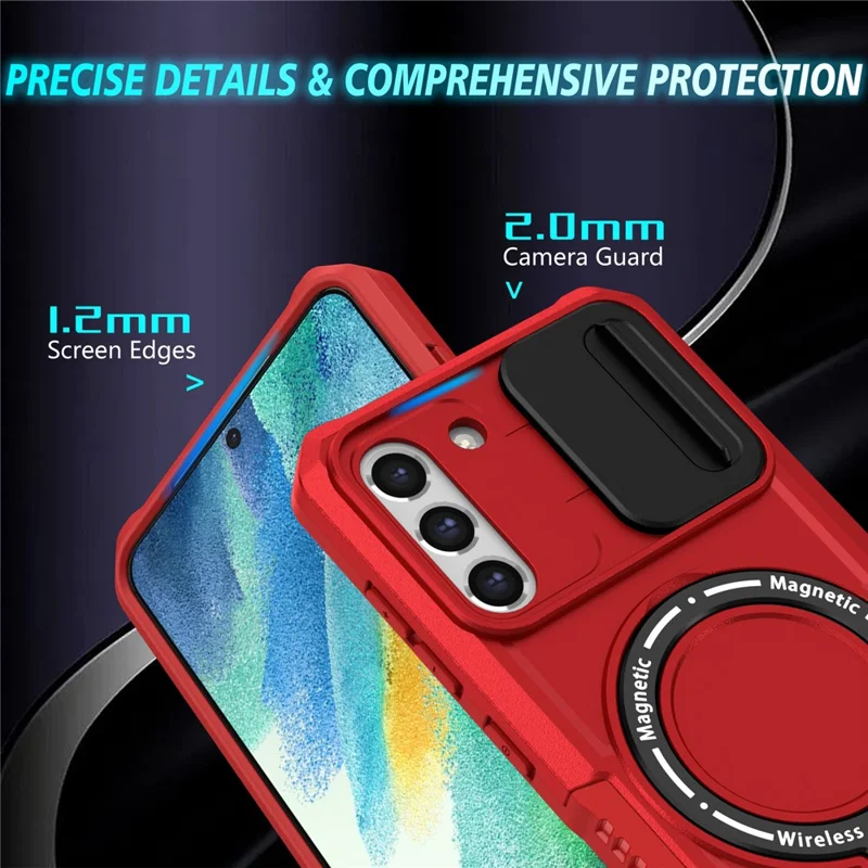 Per Samsung Galaxy S21 FE 5G Case PC+TPU Custodia Magnetica per Telefono con Copertura Scorrevole per la Fotocamera - Rosso