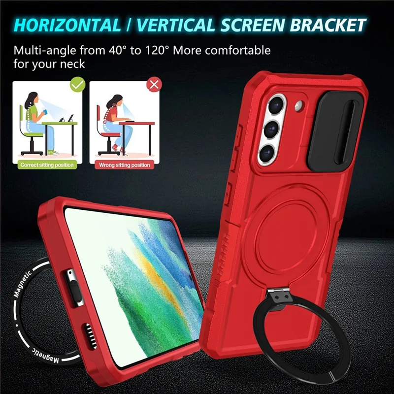 Per Samsung Galaxy S21 FE 5G Case PC+TPU Custodia Magnetica per Telefono con Copertura Scorrevole per la Fotocamera - Rosso