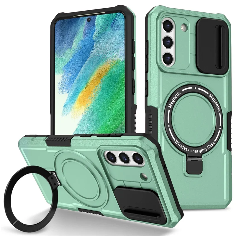 For Samsung Galaxy S21 FE 5G Case PC+TPU Magnetic Phone Shell with Slide Camera Cover - Light Green