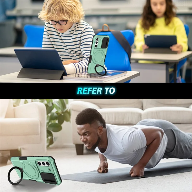 For Samsung Galaxy S21 FE 5G Case PC+TPU Magnetic Phone Shell with Slide Camera Cover - Light Green