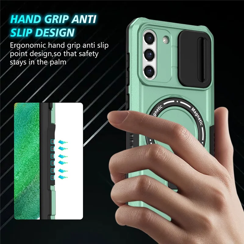 For Samsung Galaxy S21 FE 5G Case PC+TPU Magnetic Phone Shell with Slide Camera Cover - Light Green