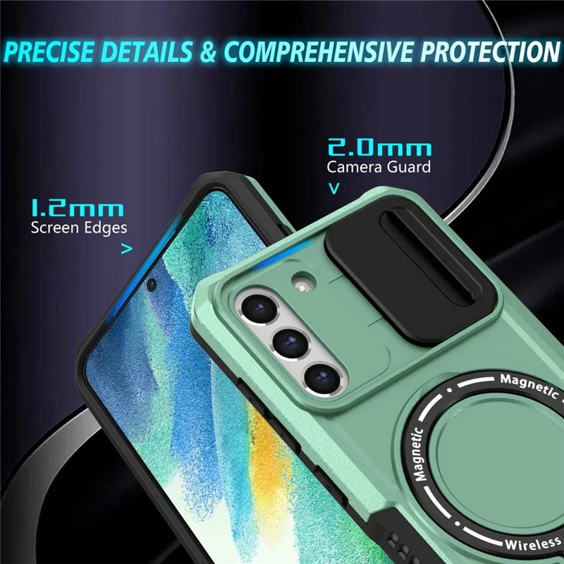 For Samsung Galaxy S21 FE 5G Case PC+TPU Magnetic Phone Shell with Slide Camera Cover - Light Green