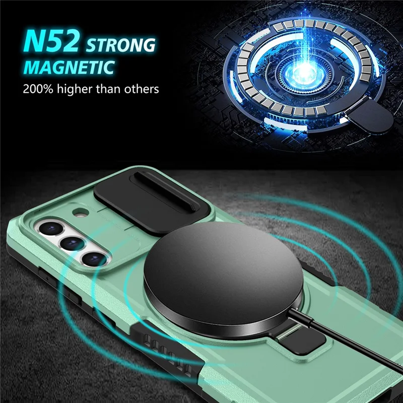 For Samsung Galaxy S21 FE 5G Case PC+TPU Magnetic Phone Shell with Slide Camera Cover - Light Green