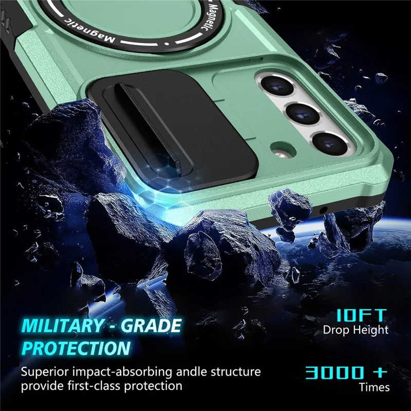 For Samsung Galaxy S21 FE 5G Case PC+TPU Magnetic Phone Shell with Slide Camera Cover - Light Green