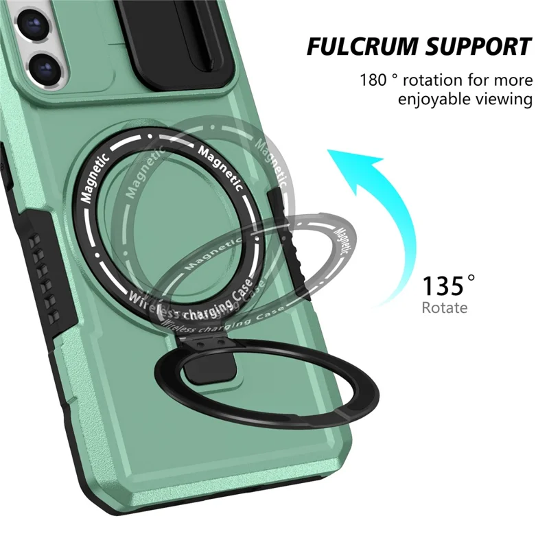 For Samsung Galaxy S21 FE 5G Case PC+TPU Magnetic Phone Shell with Slide Camera Cover - Light Green
