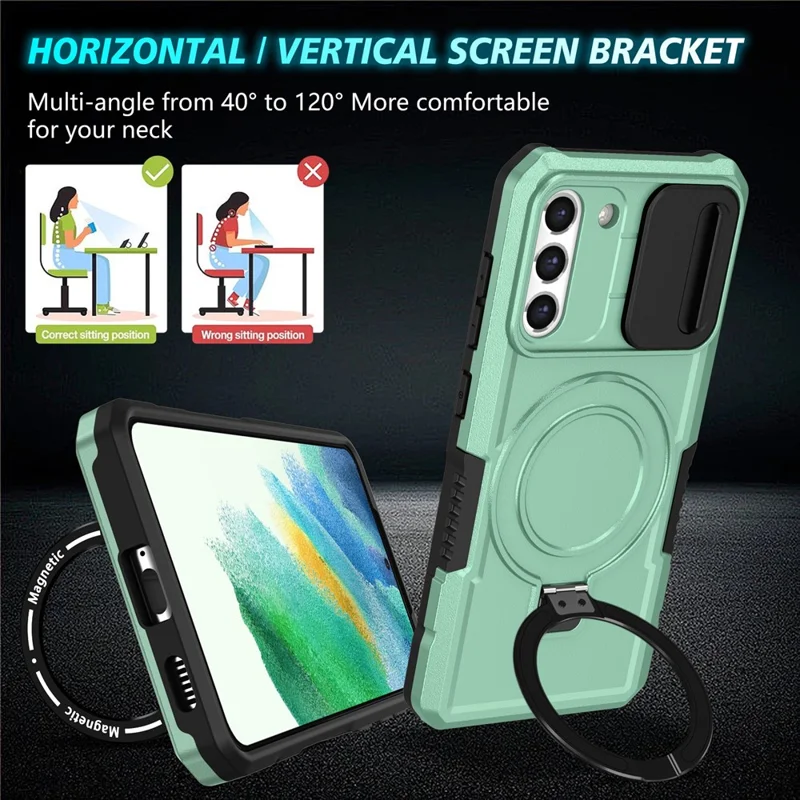 For Samsung Galaxy S21 FE 5G Case PC+TPU Magnetic Phone Shell with Slide Camera Cover - Light Green