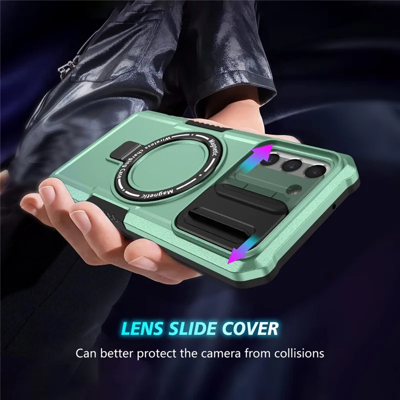 For Samsung Galaxy S21 FE 5G Case PC+TPU Magnetic Phone Shell with Slide Camera Cover - Light Green