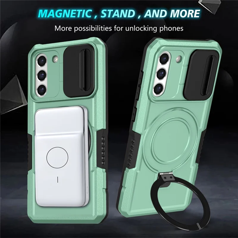 For Samsung Galaxy S21 FE 5G Case PC+TPU Magnetic Phone Shell with Slide Camera Cover - Light Green