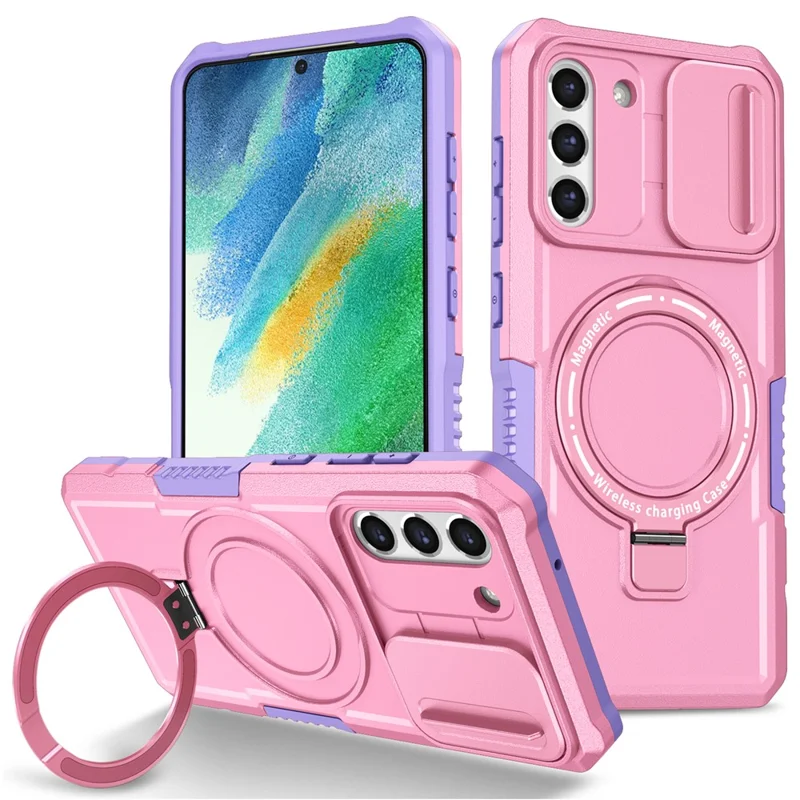 For Samsung Galaxy S21 FE 5G Case PC+TPU Magnetic Phone Shell with Slide Camera Cover - Purple  /  Pink