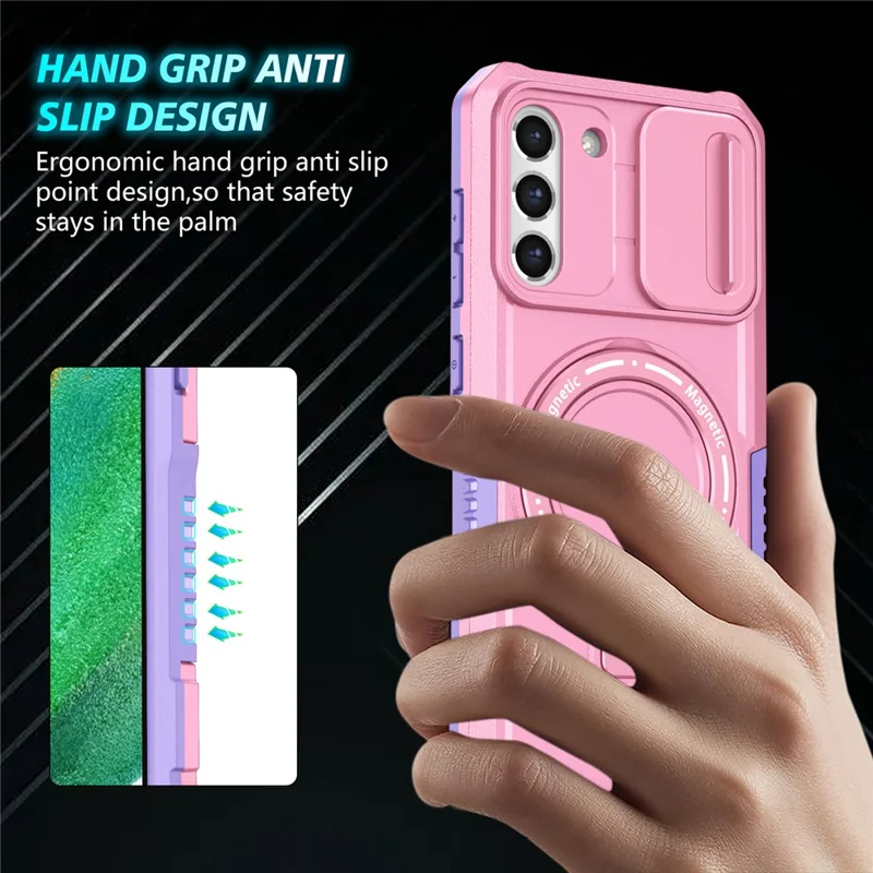 For Samsung Galaxy S21 FE 5G Case PC+TPU Magnetic Phone Shell with Slide Camera Cover - Purple  /  Pink