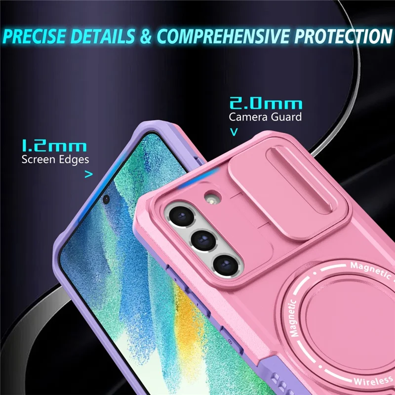 For Samsung Galaxy S21 FE 5G Case PC+TPU Magnetic Phone Shell with Slide Camera Cover - Purple  /  Pink