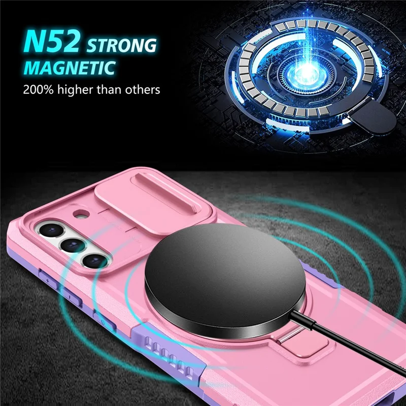 For Samsung Galaxy S21 FE 5G Case PC+TPU Magnetic Phone Shell with Slide Camera Cover - Purple  /  Pink