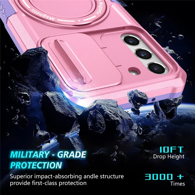For Samsung Galaxy S21 FE 5G Case PC+TPU Magnetic Phone Shell with Slide Camera Cover - Purple  /  Pink