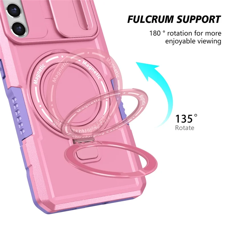 For Samsung Galaxy S21 FE 5G Case PC+TPU Magnetic Phone Shell with Slide Camera Cover - Purple  /  Pink