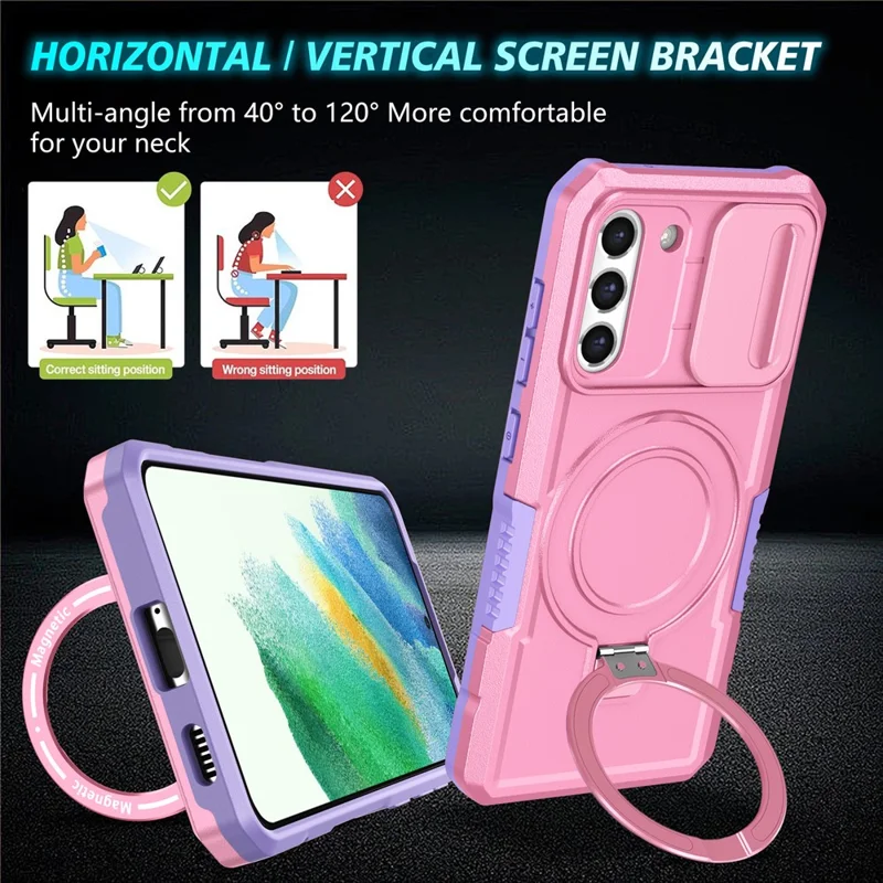 For Samsung Galaxy S21 FE 5G Case PC+TPU Magnetic Phone Shell with Slide Camera Cover - Purple  /  Pink