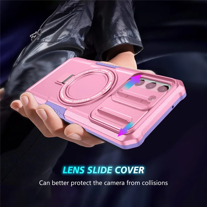 For Samsung Galaxy S21 FE 5G Case PC+TPU Magnetic Phone Shell with Slide Camera Cover - Purple  /  Pink