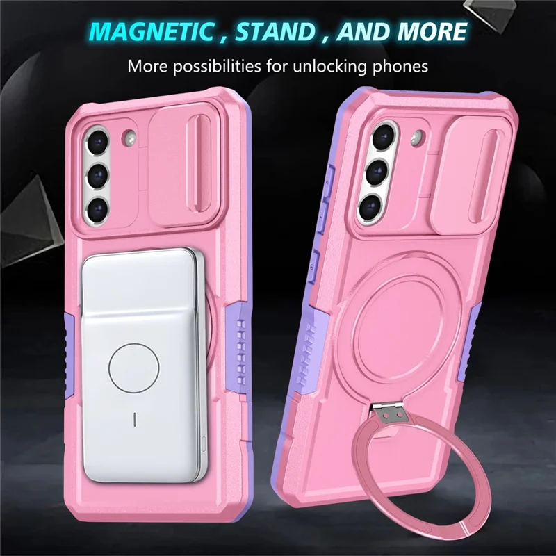 For Samsung Galaxy S21 FE 5G Case PC+TPU Magnetic Phone Shell with Slide Camera Cover - Purple  /  Pink