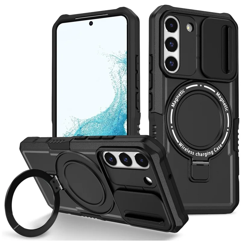 Pour Samsung Galaxy S22+ 5G kickstand Case PC+TPU Magnetic Phone Shell avec Lens Cover - Noir
