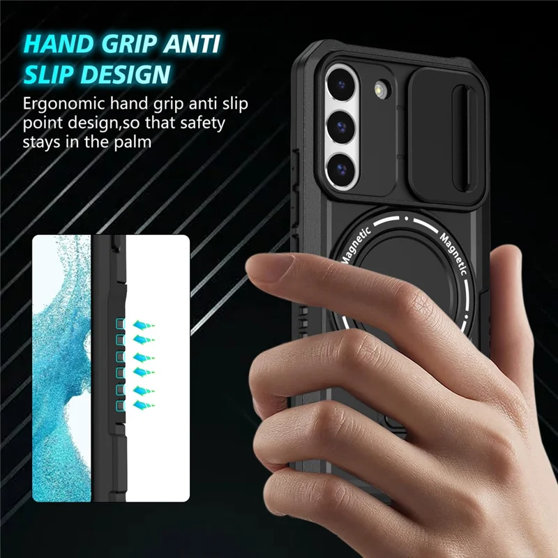 Pour Samsung Galaxy S22+ 5G kickstand Case PC+TPU Magnetic Phone Shell avec Lens Cover - Noir