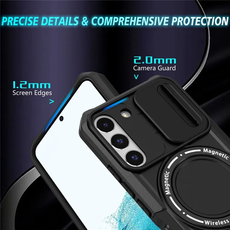 Pour Samsung Galaxy S22+ 5G kickstand Case PC+TPU Magnetic Phone Shell avec Lens Cover - Noir
