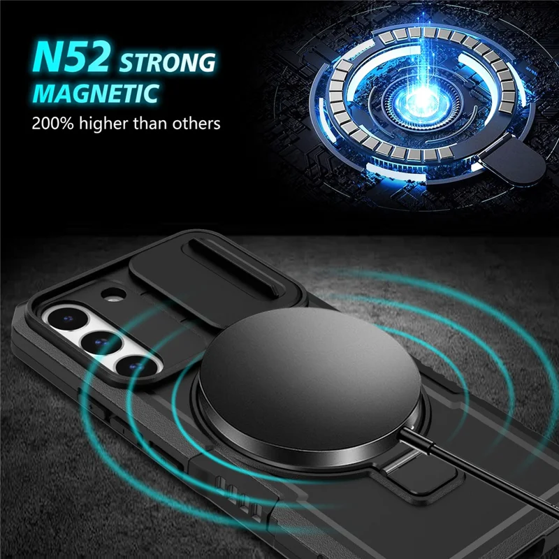 Pour Samsung Galaxy S22+ 5G kickstand Case PC+TPU Magnetic Phone Shell avec Lens Cover - Noir