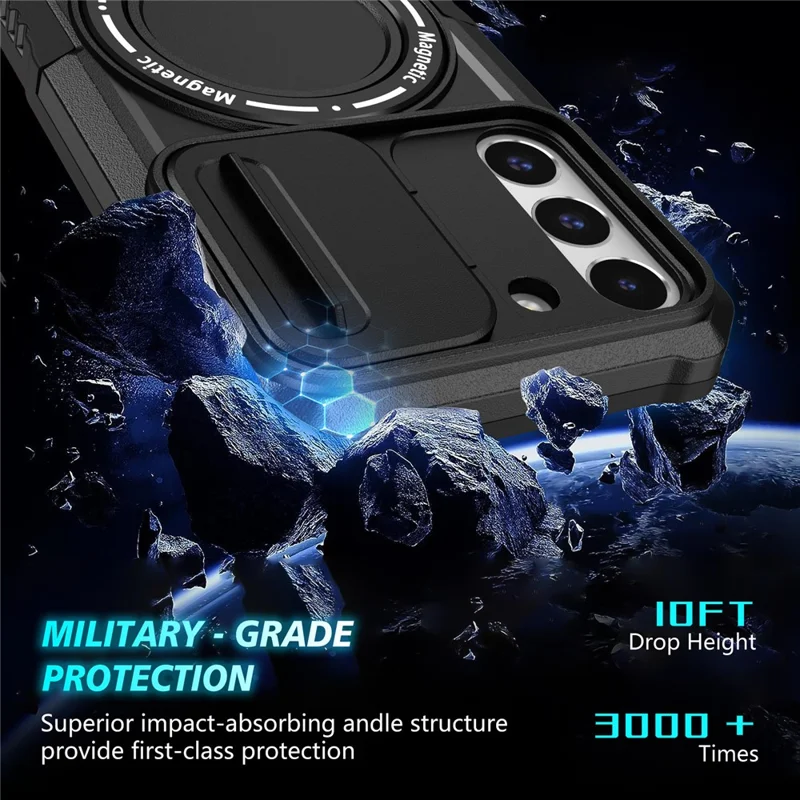 Pour Samsung Galaxy S22+ 5G kickstand Case PC+TPU Magnetic Phone Shell avec Lens Cover - Noir