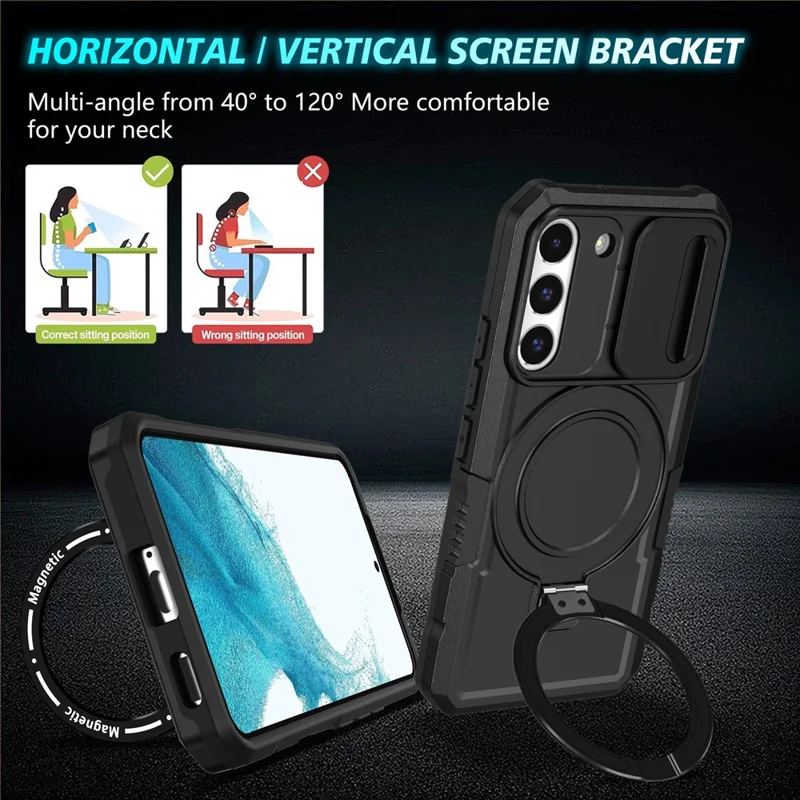 Pour Samsung Galaxy S22+ 5G kickstand Case PC+TPU Magnetic Phone Shell avec Lens Cover - Noir