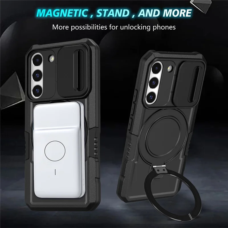 Pour Samsung Galaxy S22+ 5G kickstand Case PC+TPU Magnetic Phone Shell avec Lens Cover - Noir