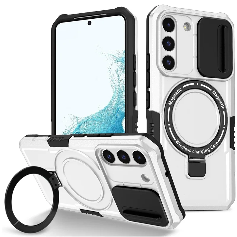 For Samsung Galaxy S22+ 5G kickstand Case PC+TPU Magnetic Phone Shell with Lens Cover - Black / White