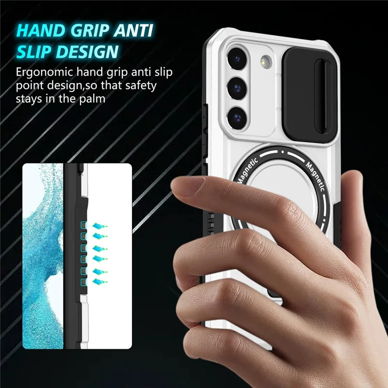 For Samsung Galaxy S22+ 5G kickstand Case PC+TPU Magnetic Phone Shell with Lens Cover - Black / White