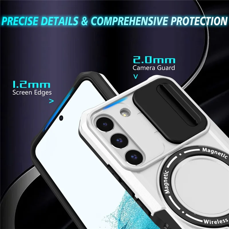 For Samsung Galaxy S22+ 5G kickstand Case PC+TPU Magnetic Phone Shell with Lens Cover - Black / White