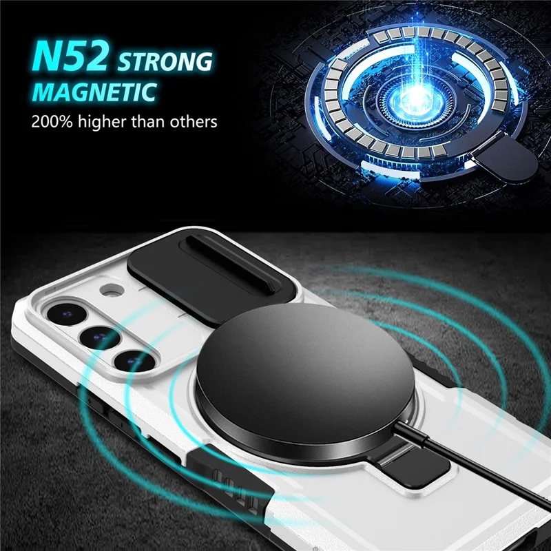 For Samsung Galaxy S22+ 5G kickstand Case PC+TPU Magnetic Phone Shell with Lens Cover - Black / White