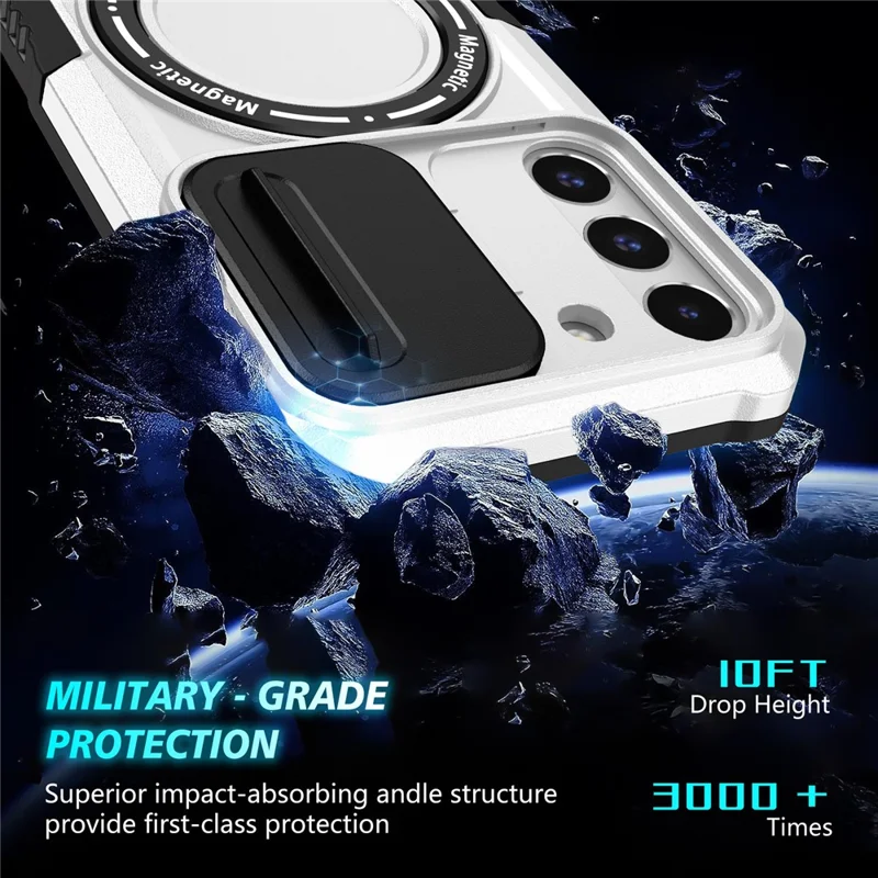 For Samsung Galaxy S22+ 5G kickstand Case PC+TPU Magnetic Phone Shell with Lens Cover - Black / White