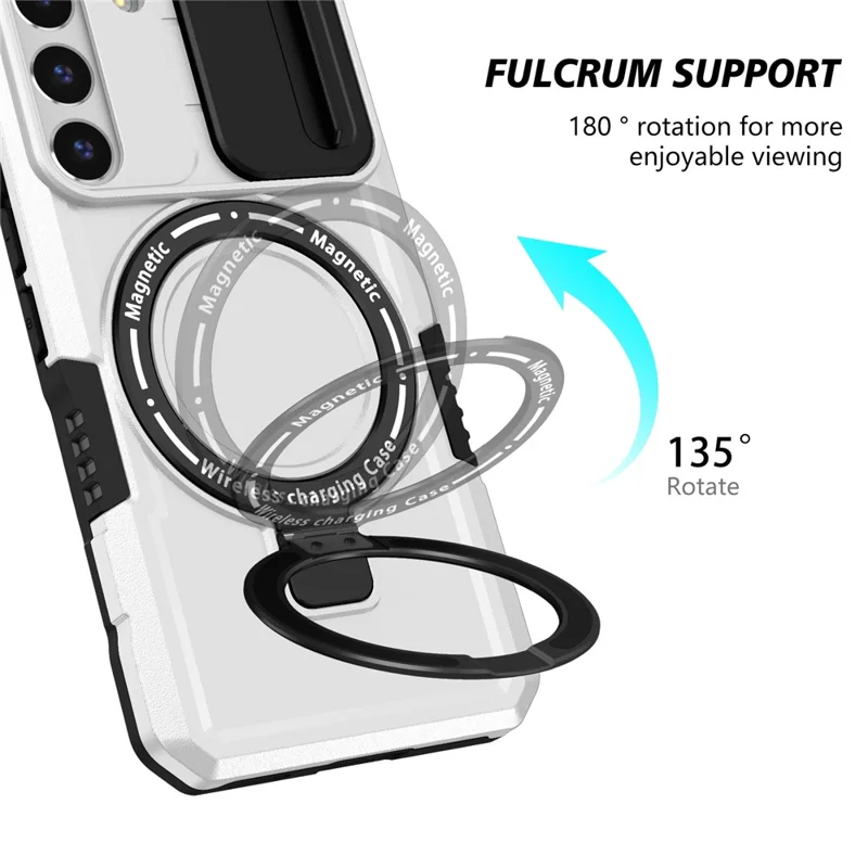 For Samsung Galaxy S22+ 5G kickstand Case PC+TPU Magnetic Phone Shell with Lens Cover - Black / White
