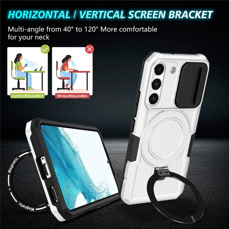 For Samsung Galaxy S22+ 5G kickstand Case PC+TPU Magnetic Phone Shell with Lens Cover - Black / White
