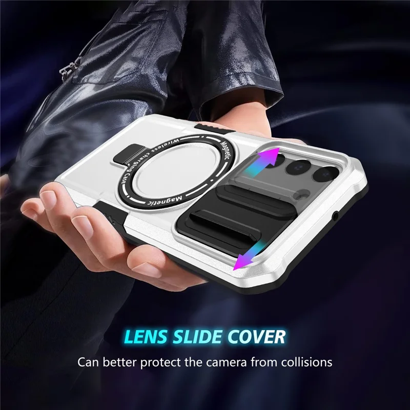For Samsung Galaxy S22+ 5G kickstand Case PC+TPU Magnetic Phone Shell with Lens Cover - Black / White