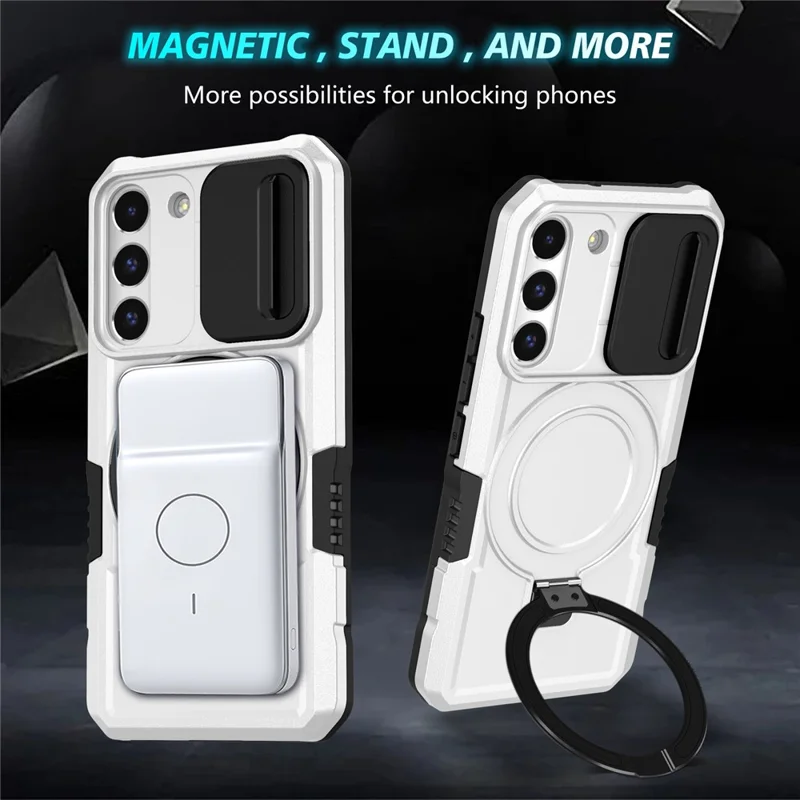 For Samsung Galaxy S22+ 5G kickstand Case PC+TPU Magnetic Phone Shell with Lens Cover - Black / White