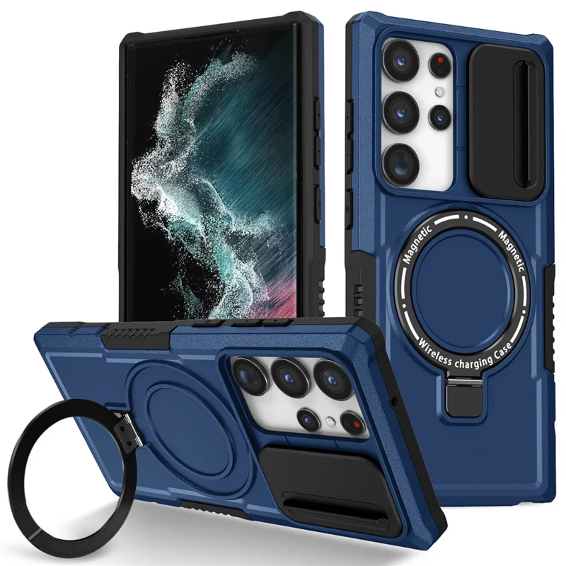 For Samsung Galaxy S22 Ultra 5G Magnetic Phone Case PC+TPU Slide Lens Window Kickstand Shell - Sapphire