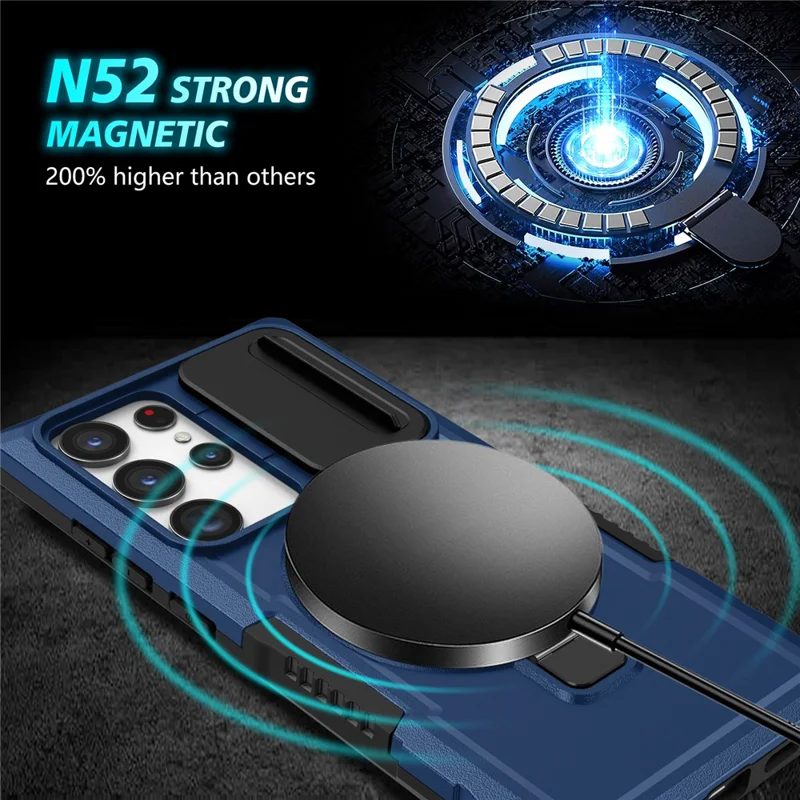 For Samsung Galaxy S22 Ultra 5G Magnetic Phone Case PC+TPU Slide Lens Window Kickstand Shell - Sapphire