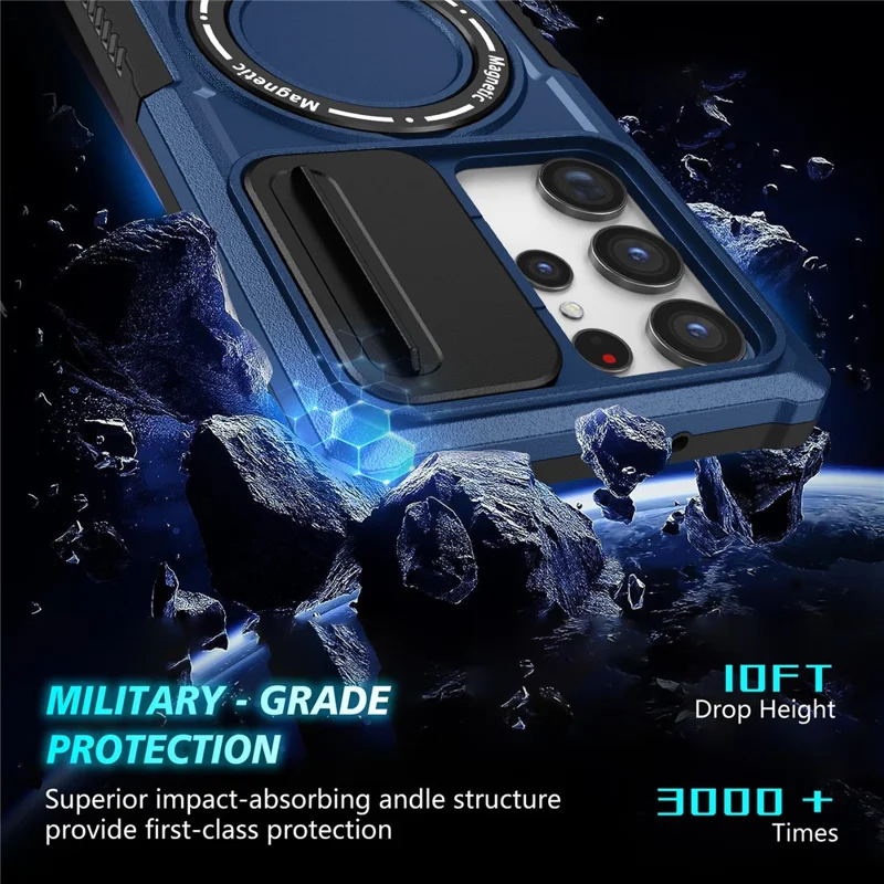 For Samsung Galaxy S22 Ultra 5G Magnetic Phone Case PC+TPU Slide Lens Window Kickstand Shell - Sapphire