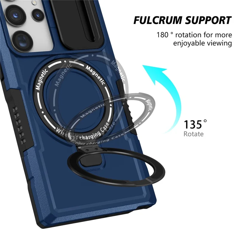 For Samsung Galaxy S22 Ultra 5G Magnetic Phone Case PC+TPU Slide Lens Window Kickstand Shell - Sapphire