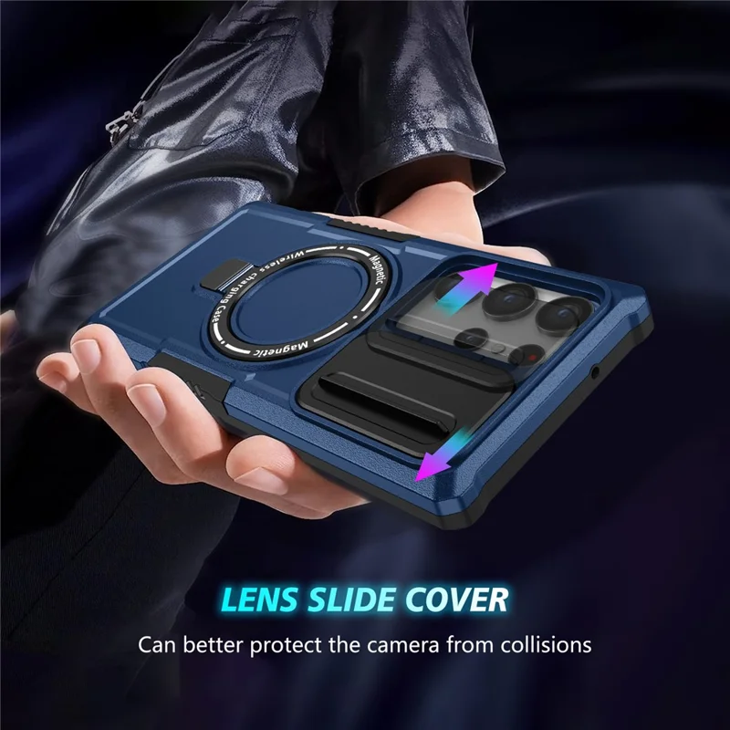 For Samsung Galaxy S22 Ultra 5G Magnetic Phone Case PC+TPU Slide Lens Window Kickstand Shell - Sapphire