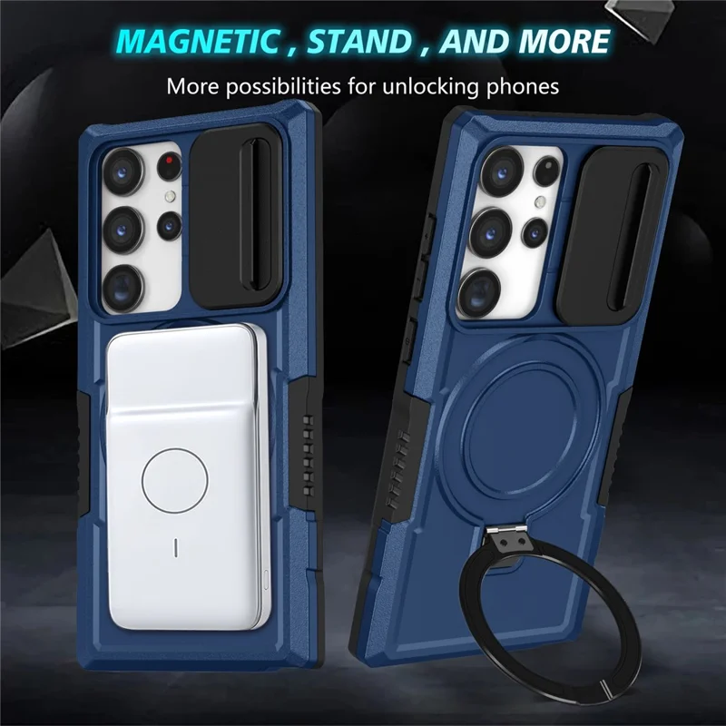 For Samsung Galaxy S22 Ultra 5G Magnetic Phone Case PC+TPU Slide Lens Window Kickstand Shell - Sapphire