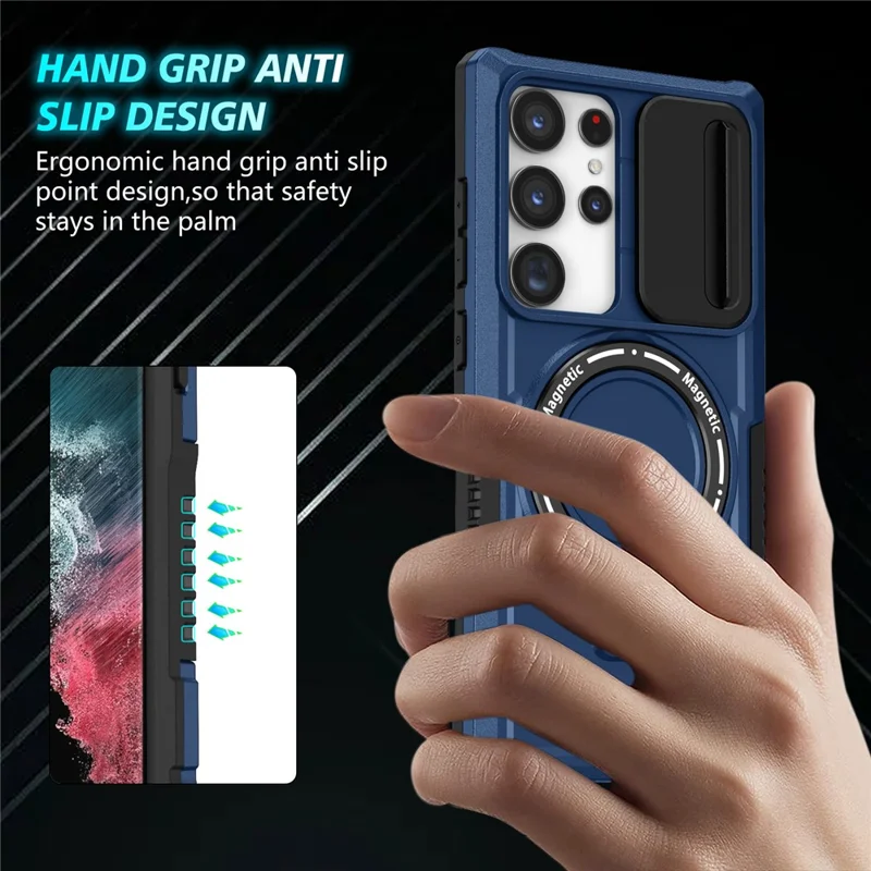 For Samsung Galaxy S22 Ultra 5G Magnetic Phone Case PC+TPU Slide Lens Window Kickstand Shell - Sapphire