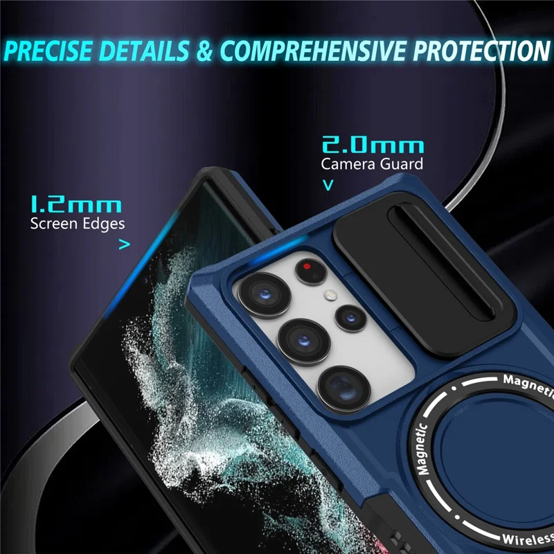 For Samsung Galaxy S22 Ultra 5G Magnetic Phone Case PC+TPU Slide Lens Window Kickstand Shell - Sapphire