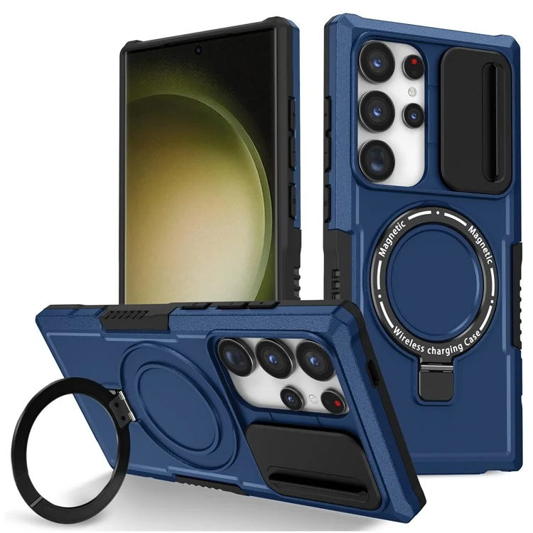 Para Samsung Galaxy S24 Ultra Case PC+TPU Capa de Telefone com Tampa da Lente Compatível com MagSafe - Safira