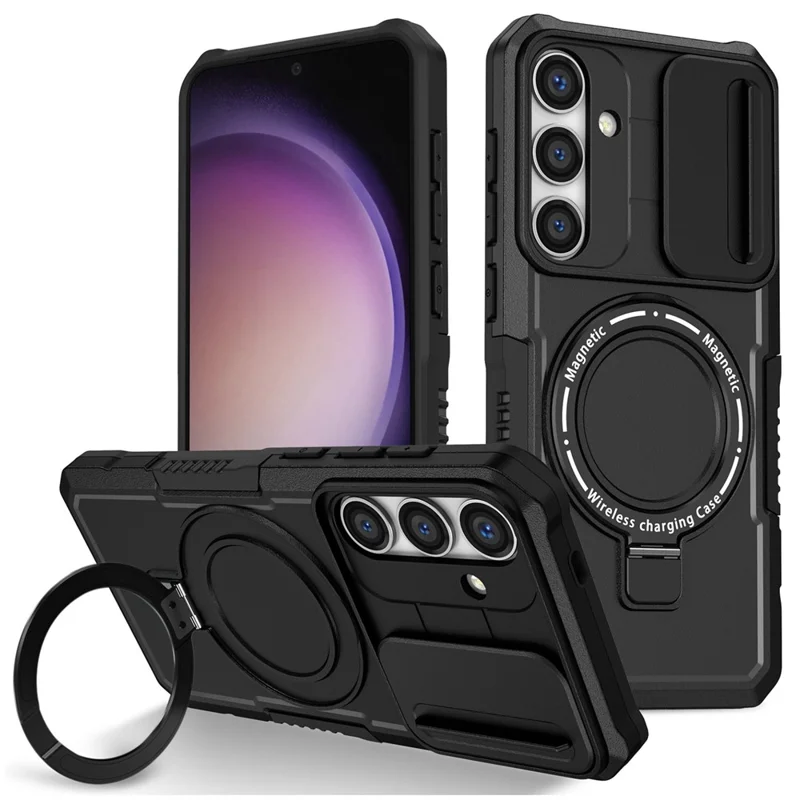 For Samsung Galaxy S24+ Case Slide Lens Window Kickstand Protective Cover Magnetic Case - Black